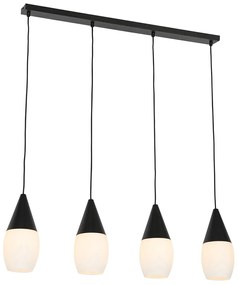 Lampă modernă suspendată neagră cu sticlă opalescentă 4 lumini - Drop