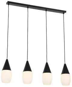 Lampă modernă suspendată neagră cu sticlă opalescentă 4 lumini - Drop