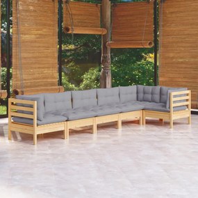 Set mobilier gradina cu perne gri, 6 piese, lemn masiv pin Maro  si gri, 6