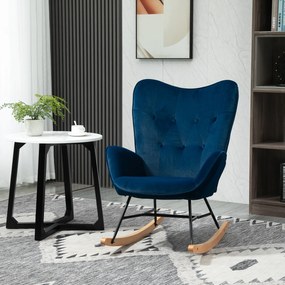 HOMCOM Fotoliu balansoar, rocking chair, fotoliu pentru alăptare confortabil cu structură din lemn masiv și metal pentru Living, Dormitor, Balcon, Catifea albastră | Aosom Romania
