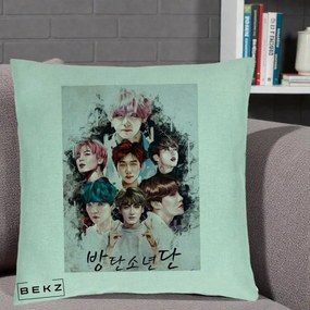 Perna Personalizata K-pop BTS Bangtan Boys Poster Artistic Negru Alb, 40x40 cm, Verde Menta, Husa Detasabila, Perna Inclusa, BEKZ®