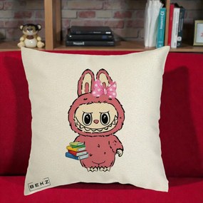 Perna Personalizata Labubu Roz cu Funda si Carti, 40x40 cm, Ecru, Husa Detasabila, Perna Inclusa, BEKZ®
