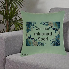 Cadou pentru Socri - Perna Personalizata Cei mai Minunati Socri cu Flori Albastre si Roz, 40x40 cm, Verde, Husa Detasabila, Perna Inclusa, BEKZ®