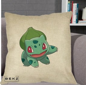 Perna Personalizata Bulbasaur Pokemon, 40x40 cm, Crem, Husa Detasabila, Perna Inclusa, BEKZ®
