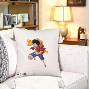 Perna Personalizata One Piece Luffy Gear Second Foc, 40x40 cm, Bej cu Franjuri, Husa Detasabila, Perna Inclusa, BEKZ®