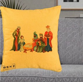 Perna Decorativa Nasterea Domnului Cei Trei Magi Acuarela, 40x40 cm, Galben, Husa Detasabila, Perna Inclusa, BEKZ®