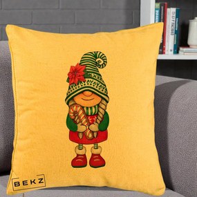 Perna Decorativa Gnom Craciun Verde cu Bomboane si Floare, 40x40 cm, Galben, Husa Detasabila, Perna Inclusa, BEKZ®