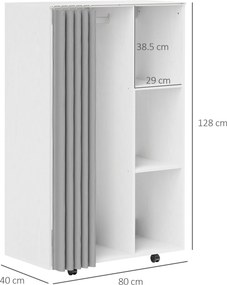 HOMCOM Dulap Haine Dulap Con 4 Ruote, Per Dormitor, 80x40x128 cm Cm, Alb | Aosom Romania