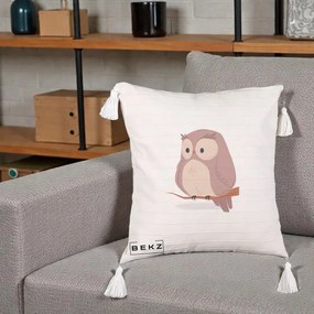 Perna Decorativa Bufnita Kawaii pe Creanga, 40x40 cm, Bej cu Franjuri, Husa Detasabila, Perna Inclusa, BEKZ®