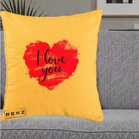 Cadou Romantic - Perna Personalizata I Love You Inima Roz, 40x40 cm, Galben, Husa Detasabila, Perna Inclusa, BEKZ®