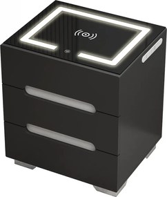 RESIGILAT- Noptieră inteligentă multifuncțională, 3 sertare, iluminare LED-uri Touch, 3 tipuri de culoare, încărcare fără fir, incarcare USB, sticla securizata, Negru