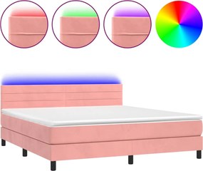 vidaXL Pat cu arcuri, saltea & LED, roz, 180x200 cm, catifea