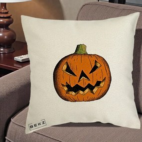 Perna Decorativa Halloween Dovleac Portocaliu Clasic, 40x40 cm, Ecru, Husa Detasabila, Perna Inclusa, BEKZ®