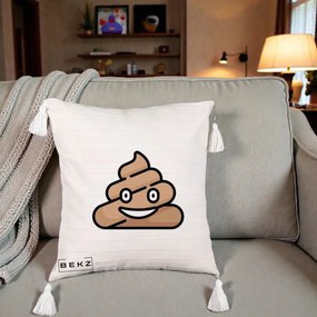 Perna Decorativa Emoji Poop Funny, 40x40 cm, Bej cu Franjuri, Husa Detasabila, Perna Inclusa, BEKZ®