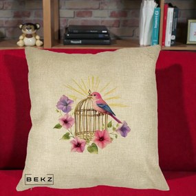 Perna Decorativa Pasare Roz pe Colivie Aurie cu Flori, 40x40 cm, Crem, Husa Detasabila, Perna Inclusa, BEKZ®