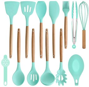 Set ustensile de bucatarie 14 piese, cu cap din silicon termorezistent si suport, turcoaz