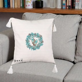 Perna Decorativa Coroana Turcoaz cu Manusi, 40x40 cm, Bej cu Franjuri, Husa Detasabila, Perna Inclusa, BEKZ®