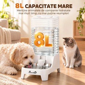 PawHut distribuitor automat de apă cu gravitație 8 L pentru pisici și câini, cu bol din inox, alb | Aosom Romania