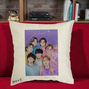 Perna Personalizata K-pop BTS Our Universe Fanart Violet Pastel, 40x40 cm, Ecru, Husa Detasabila, Perna Inclusa, BEKZ®