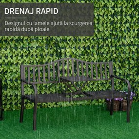 Bancă de Grădină Outsunny din Metal cu Măsuță Centrală Retractabilă, Bancă Loveseat pentru Terasă cu Șezut și Spătar cu Șipci, pentru 2–3 Persoane, Neagră | Aosom Romania