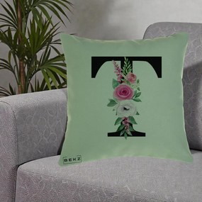 Cadou Personalizat - Perna Personalizata Monograma Florala Litera T, 40x40 cm, Verde, Husa Detasabila, Perna Inclusa, BEKZ®