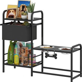 PawHut Bol ridicat pentru câini, reglabil pe înălțime, cu spațiu de depozitare, 2 x boluri din oțel inoxidabil 800 ml, 89,5x27x74 cm, Negru | Aosom Romania