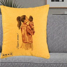 Cadou pentru Mama - Perna Personalizata Super Mom Jachete Roz, 40x40 cm, Galben, Husa Detasabila, Perna Inclusa, BEKZ®