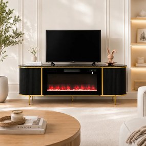 Comodă TV cu șemineu electric cu Încălzire, iluminare LED , 12 culori, Telecomandă, 180 cm, MOB190 Negru