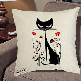 Perna Decorativa Pisica Neagra Grafica Flori Rosii, 40x40 cm, Ecru, Husa Detasabila, Perna Inclusa, BEKZ®
