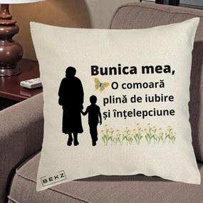 Cadou pentru Bunica - Perna Personalizata Bunica Mea Comoara cu Fluture si Baietel, 40x40 cm, Ecru, Husa Detasabila, Perna Inclusa, BEKZ®