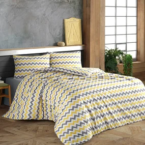 Set husa pilota 200x220 cm + 2 fete perna 50x70 cm, Acasa, 100% bumbac, alb/galben/gri