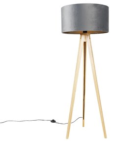 Lampă de podea din lemn cu abajur din stofă gri 50 cm - Tripod Classic