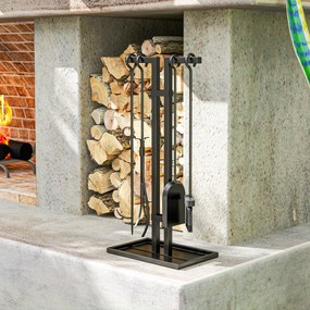 Outsunny Set servitor pentru șemineu 5 piese, unelte pentru șemineu, din metal, mătură, lopată, clește, tisonier și suport, negru | Aosom Romania