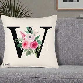 Cadou Personalizat - Perna Personalizata Monograma Florala Litera W cu Trandafiri si Anemona, 40x40 cm, Crem Reliefat, Husa Detasabila, Perna Inclusa, BEKZ®