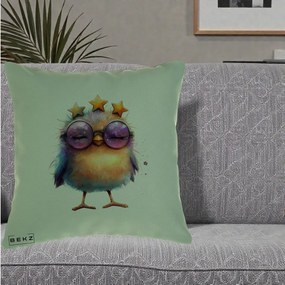 Perna Decorativa Pui Pop Star cu Ochelari Stele Violet, 40x40 cm, Verde, Husa Detasabila, Perna Inclusa, BEKZ®