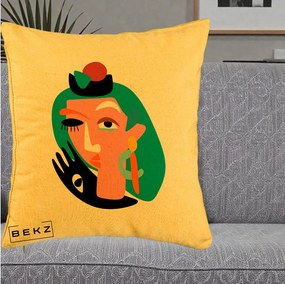 Perna Decorativa Portret Abstract Matisse Turcoaz, 40x40 cm, Galben, Husa Detasabila, Perna Inclusa, BEKZ®