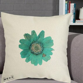 Perna Decorativa Floare Gerbera Teal Acuarela, 40x40 cm, Ecru, Husa Detasabila, Perna Inclusa, BEKZ®