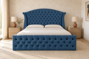 Pat tapițat Chesterfield din catifea Sorella Simple 140×200 cm, albastru, cu ladă de depozitare