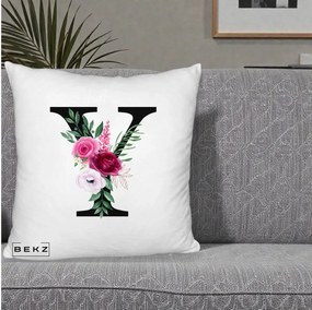 Cadou Personalizat - Perna Personalizata Monograma Florala Litera Y cu Buchet, 40x40 cm, Alb Pufos, Husa Detasabila, Perna Inclusa, BEKZ®