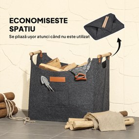 Outsunny Sac din Fetru pentru Lemne de Foc, Coș Portalemne de Interior cu Mânere din Lemn, Coș Multiuz pentru Pături, Reviste și Bucșe de Lemn, 45x32x40 cm, Gri Închis | Aosom Romania
