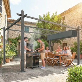 Outsunny Pergolă 3 x 4 m copertină pentru terasă cu acoperiș glisant, rulouri retractabile automat, protecție UV50+, cadru din aluminiu | Aosom Romania