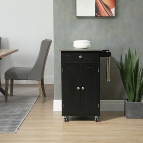 HOMCOM Căruț de servire pentru bucătărie pe roți, multiple spații de depozitare, 1 sertar, dulap cu 2 uși și raft, suport prosop, MDF negru, oțel inoxidabil | Aosom Romania