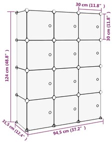 Organizator cub de depozitare cu usi, 12 cuburi, negru, PP 1, 94.5 x 31.5 x 124 cm, negru si transparent, negru si transparent, 94.5 x 31.5 x 124 cm