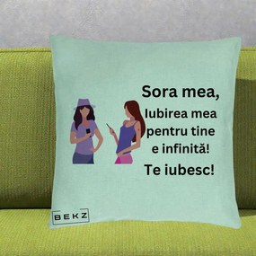 Cadou pentru Sora - Perna Personalizata Sora Mea Te Iubesc Doua Fete cu Telefoane, 40x40 cm, Verde Menta, Husa Detasabila, Perna Inclusa, BEKZ®