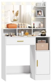 HOMCOM Coafură cu oglindă și 10 lumini LED, luminozitate reglabilă, sertar, dulap și rafturi deschise, 80x40x135cm, alb | Aosom Romania