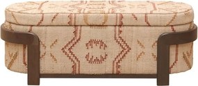 Banchetă hol cu spațiu de depozitare din kilim de lână bej și bordo și lemn de acacia maro închis, 47,5 x 132 cm, „Sienna”