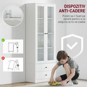HOMCOM Dulap de Bucătărie cu Uși din Sticlă, 2 Sertare și Rafturi Reglabile Alb | Aosom Romania