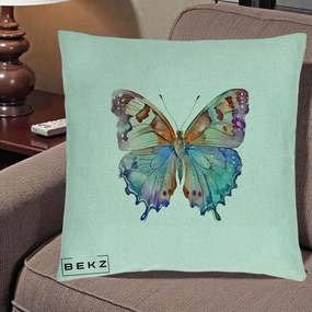 Perna Decorativa Fluture Acuarela Multicolor Portocaliu-Bleu-Mov, 40x40 cm, Verde Menta, Husa Detasabila, Perna Inclusa, BEKZ®
