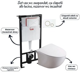 Set vas wc suspendat rimless cu capac soft close Alice, rezervor incastrat si clapeta alba Alcaplast