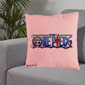 Perna Personalizata One Piece Clasic Albastru, 40x40 cm, Roz, Husa Detasabila, Perna Inclusa, BEKZ®